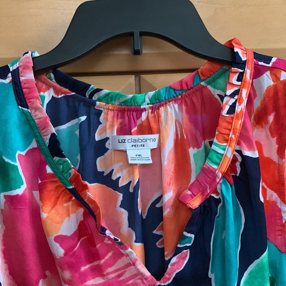 Liz Claiborne Floral Sleeveless V-Neck Top Vibrant Multicolor Like new!! Sz PXL - Picture 5 of 7